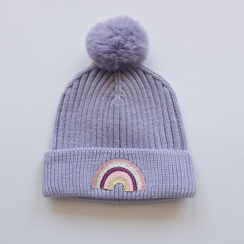 کلاه بافت تک پوم رنگین کمان یاسی