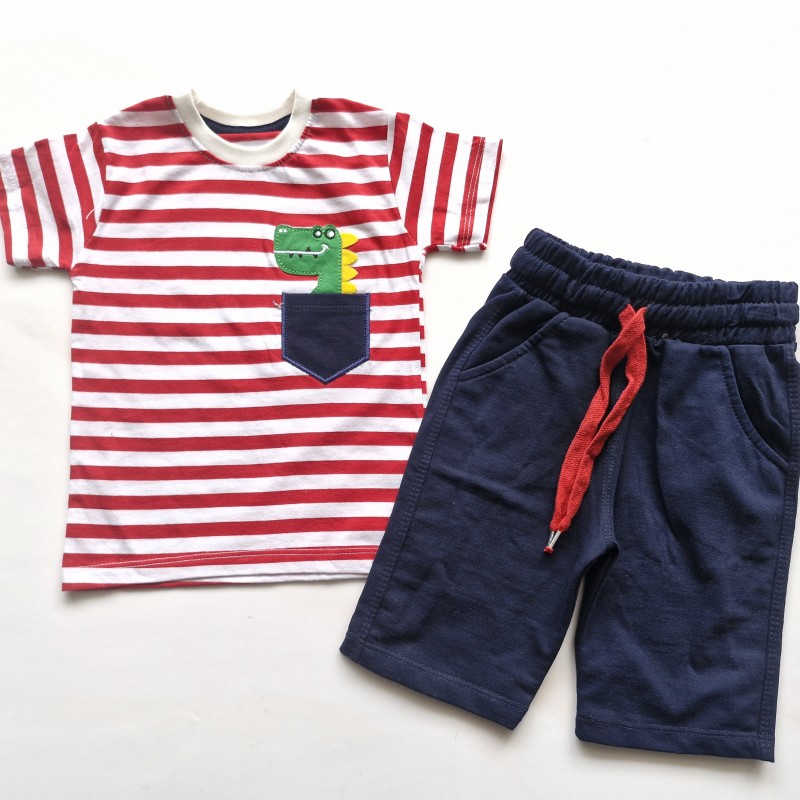 تیشرت و شلوارک راه راه دایناسور قرمز وچیون