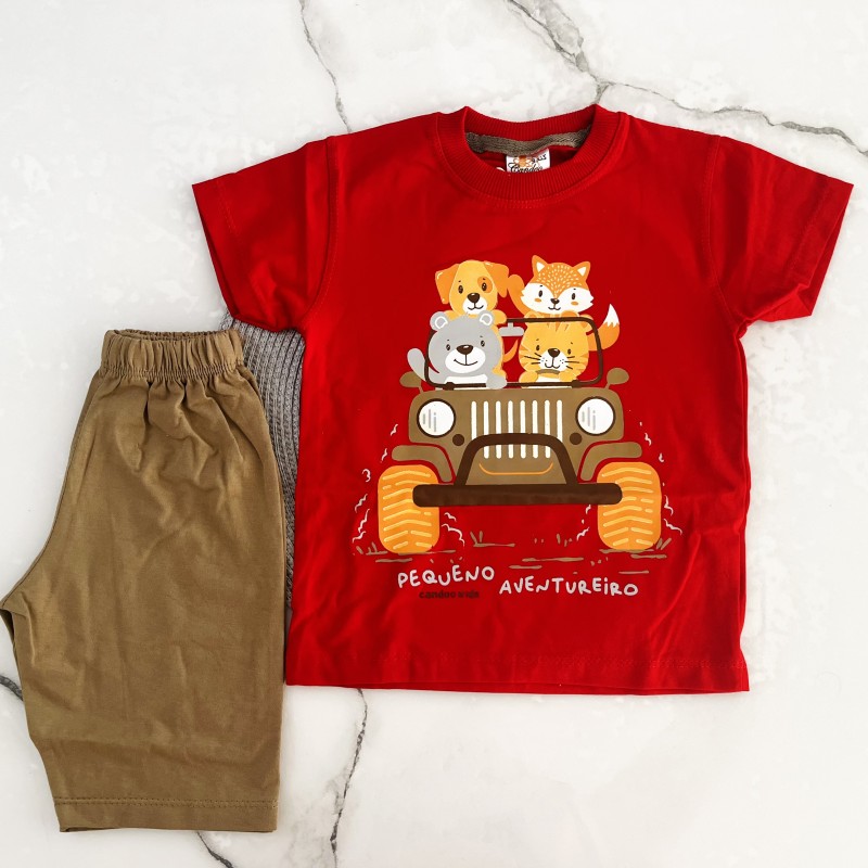 تیشرت و شلوارک حیوانات جیپ سوار قرمز kids