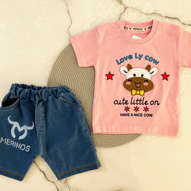 تیشرت و شلوارک جین گاو صورتی kids
