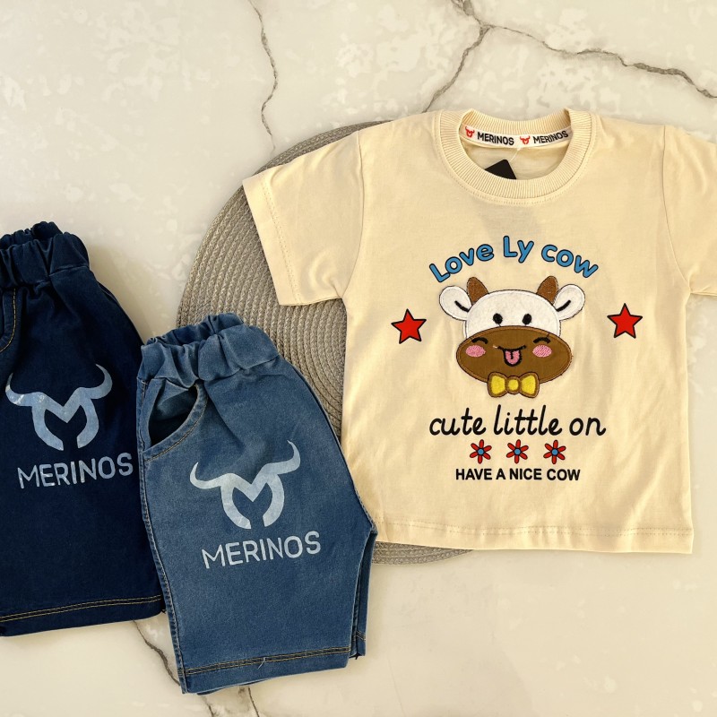 تیشرت و شلوارک جین گاو کرم kids