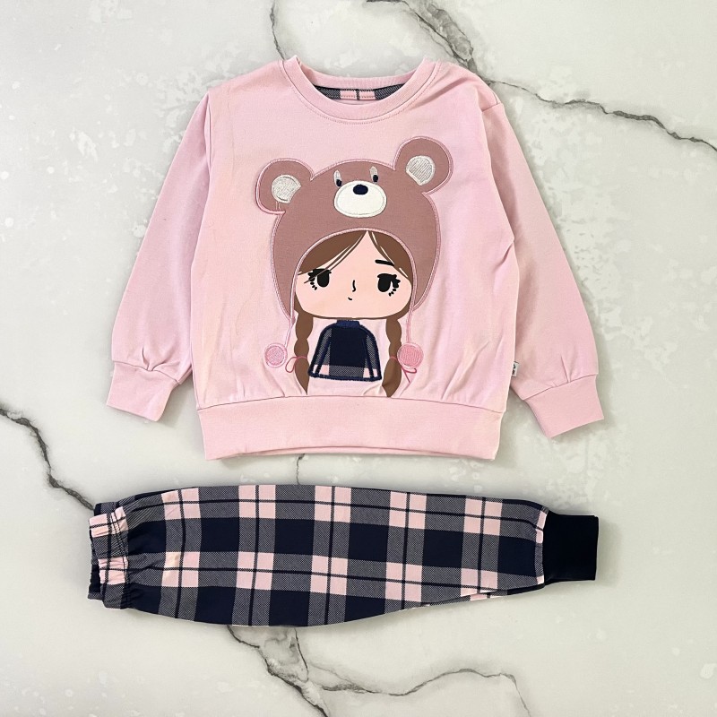 بلوز شلوار دختر کلاهدار صورتی وچیون kids