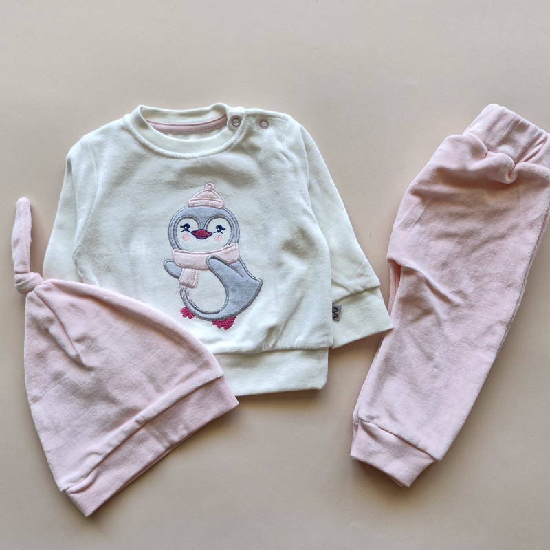 ست کلاهدار پاییزه مخمل پنگوئن صورتی وچیون