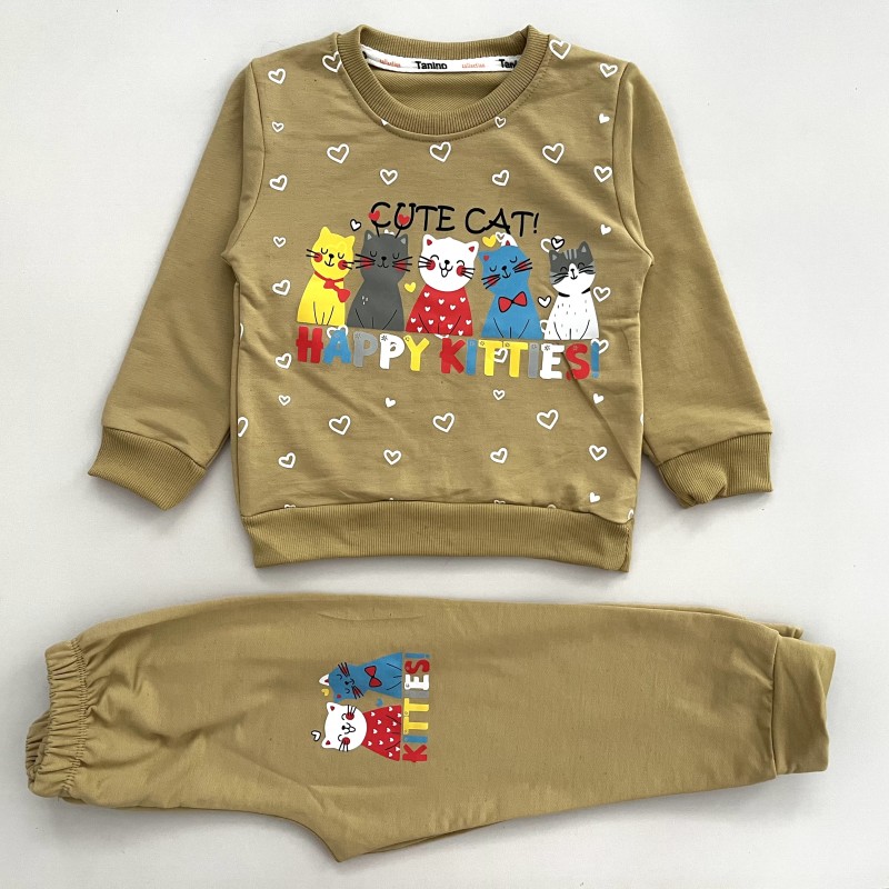 بلوز شلوار دورس گربه خوشحال خاکی kids