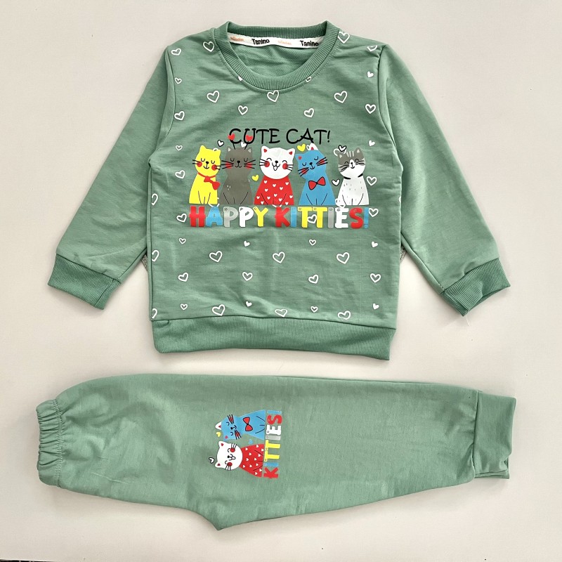 بلوز شلوار دورس گربه خوشحال سبز kids