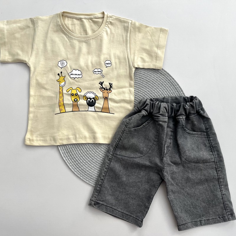 تیشرت و شلوارک جین حیوانات کرم kids