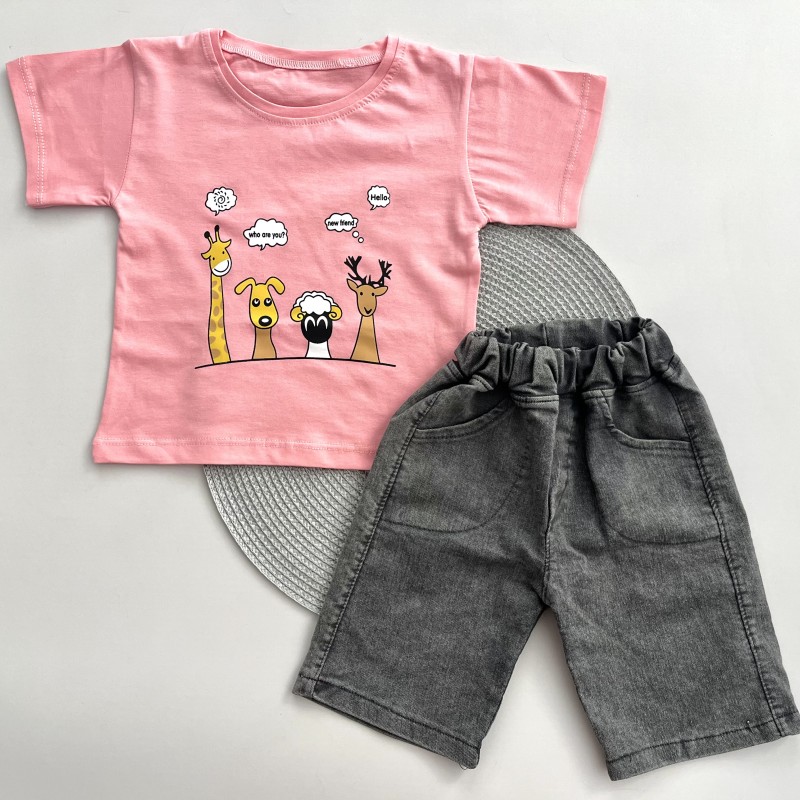 تیشرت و شلوارک جین حیوانات صورتی kids