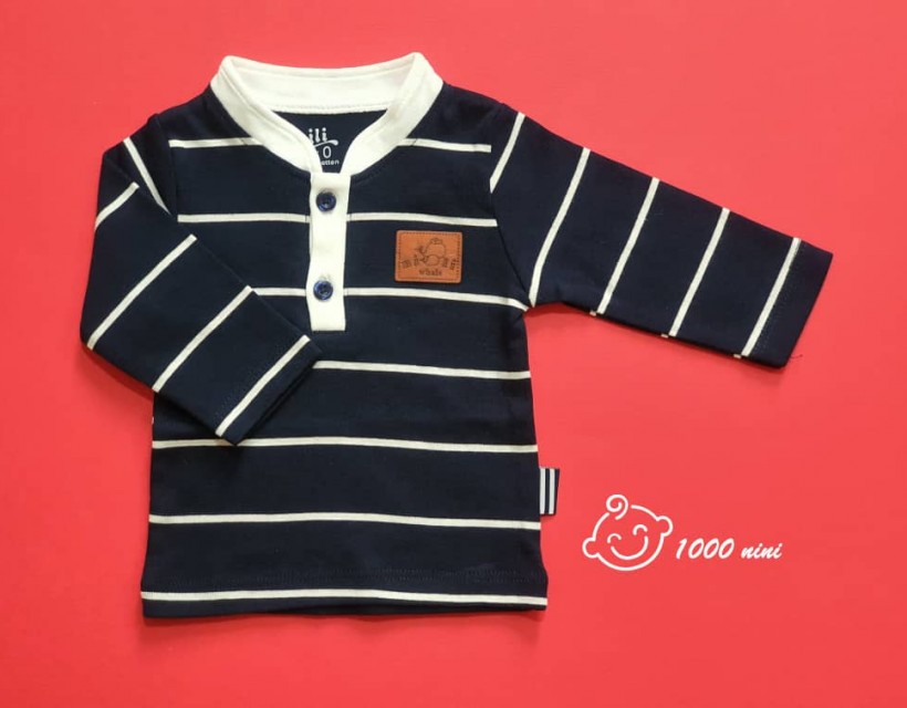 تی شرت آستین بلند طرح سرمه ای راه راه نیلی