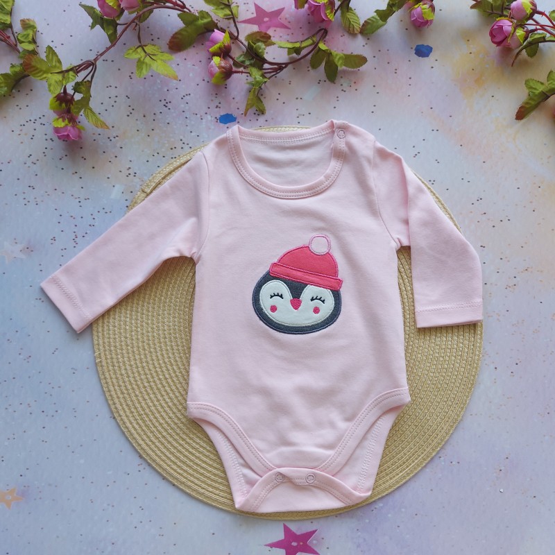 بادی آستین بلند گلدوزی پنگوئن صورتی وچیون