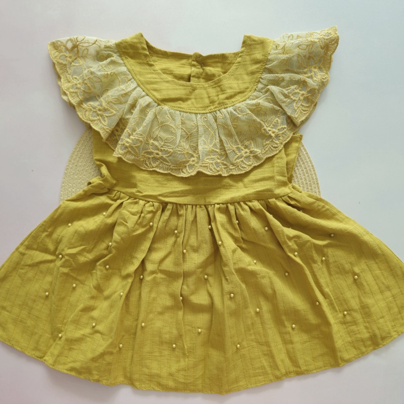 پیراهن مرواریدی یقه توردار خردلی kids