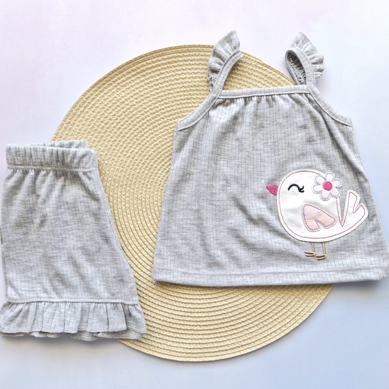 تاپ و شلوارک جوجه گلدوزی طوسی روشن وچیون