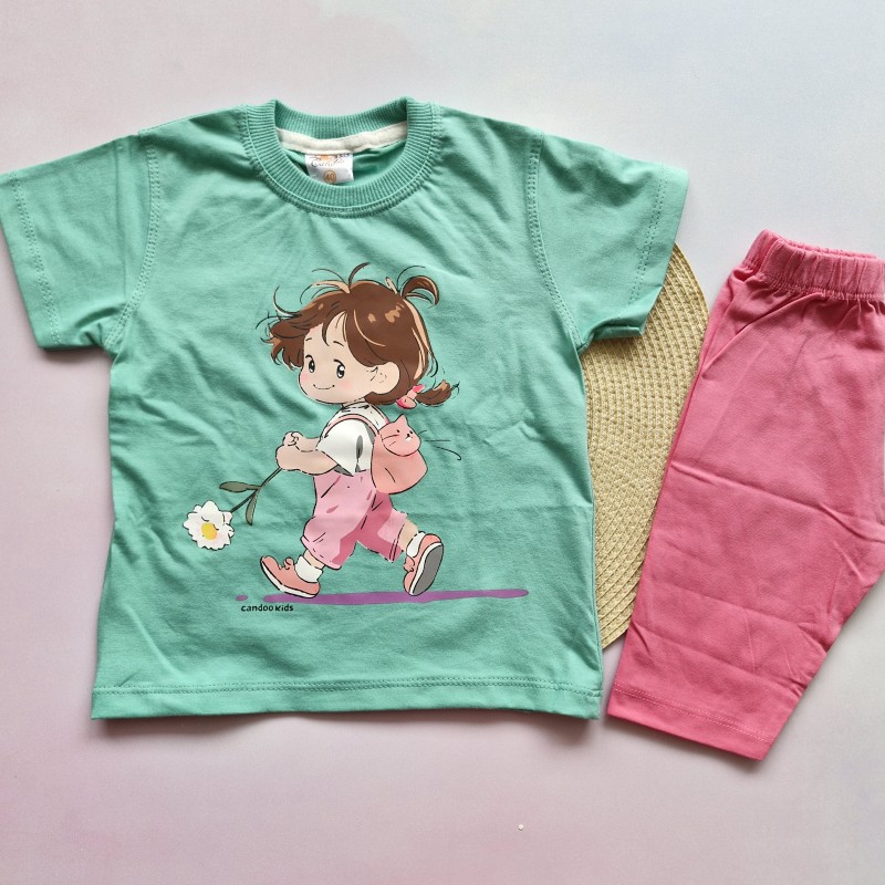 تیشرت و شلوارک دخترک و کوله پشتی سبزآبی kids