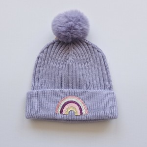 کلاه بافت تک پوم رنگین کمان یاسی