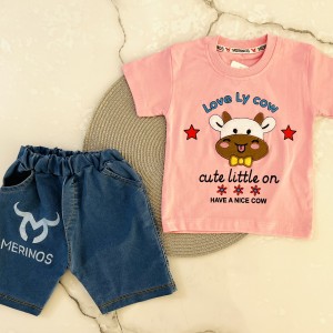 تیشرت و شلوارک جین گاو صورتی kids