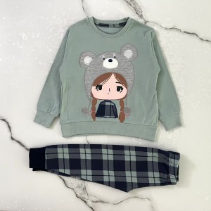 بلوز شلوار دختر کلاهدار سبز وچیون kids