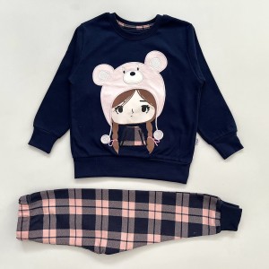 بلوز شلوار دختر کلاهدار بزرگ سرمه ای وچیون kids