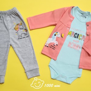 ست 3 تکه طرح اسب شاخدار گلبهی لایت