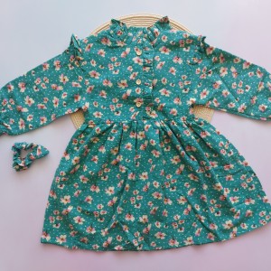 پیراهن و کش مو گلدار سبز آنیل kids