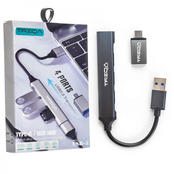هاب 4 پورت USB 3.0 + تبدیل تایپ سی ترکا TREQA مدل USB-3