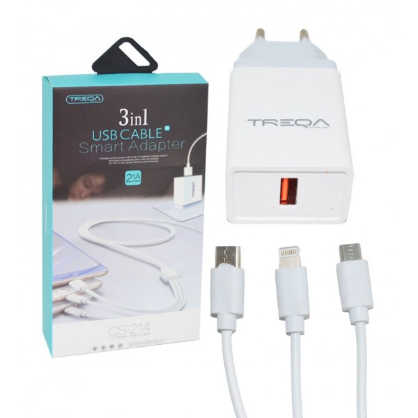 شارژر تک پورت ترکا Treqa + کابل 3 سر اندروید آیفون Type-C مدل CS-214