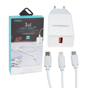 شارژر تک پورت ترکا Treqa + کابل 3 سر اندروید آیفون Type-C مدل CS-214