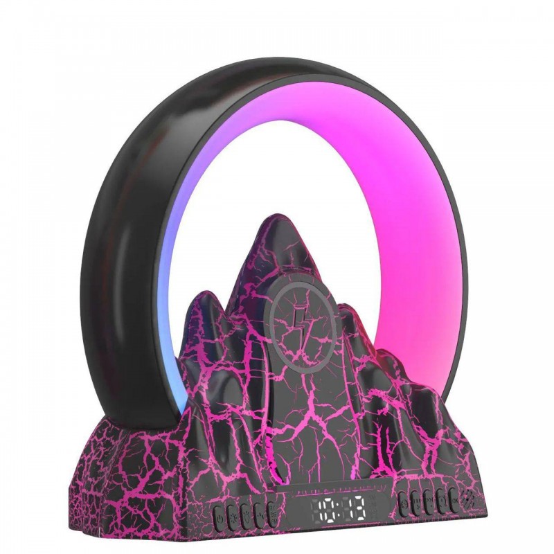 شارژر وایرلس و اسپیکر RGBدار دارای ساعت دیجیتال طرح طلوع خورشید و آتشفشان کد 1242