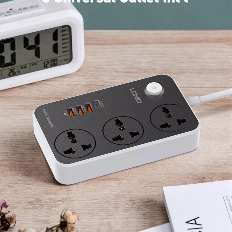 چند راهی برق 3 سوکت همراه با 3 خروجی USB و 1 خروجی تایپ سی  الدنیو LDNIO SC3412