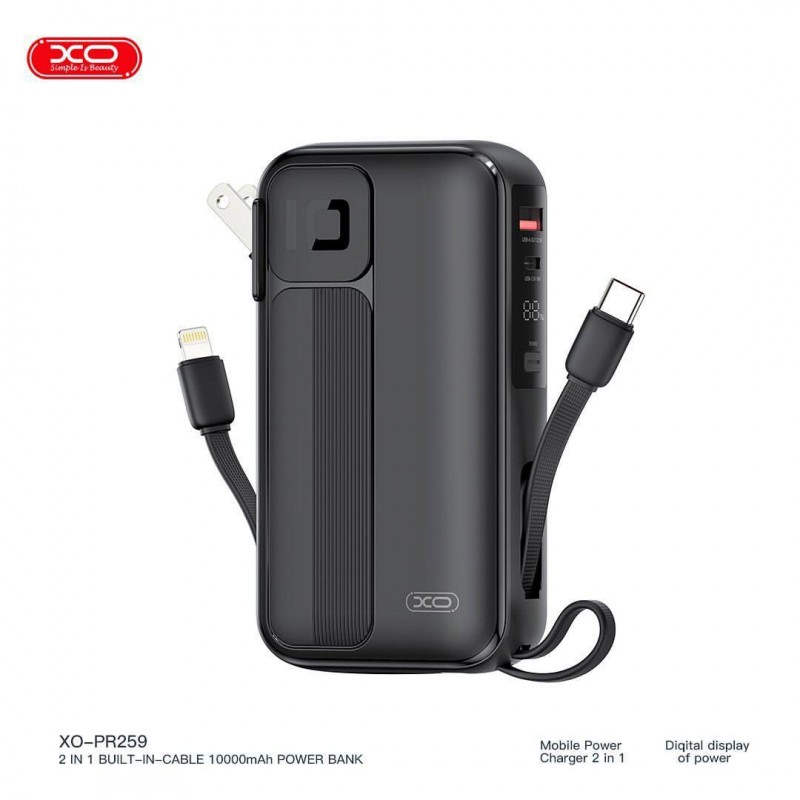 پاور بانک و اداپتور شارژ 10000 میلی آمپر دارای کابل تایپ سی و لایتنینگ برند ایکس او مدل XO - PR259