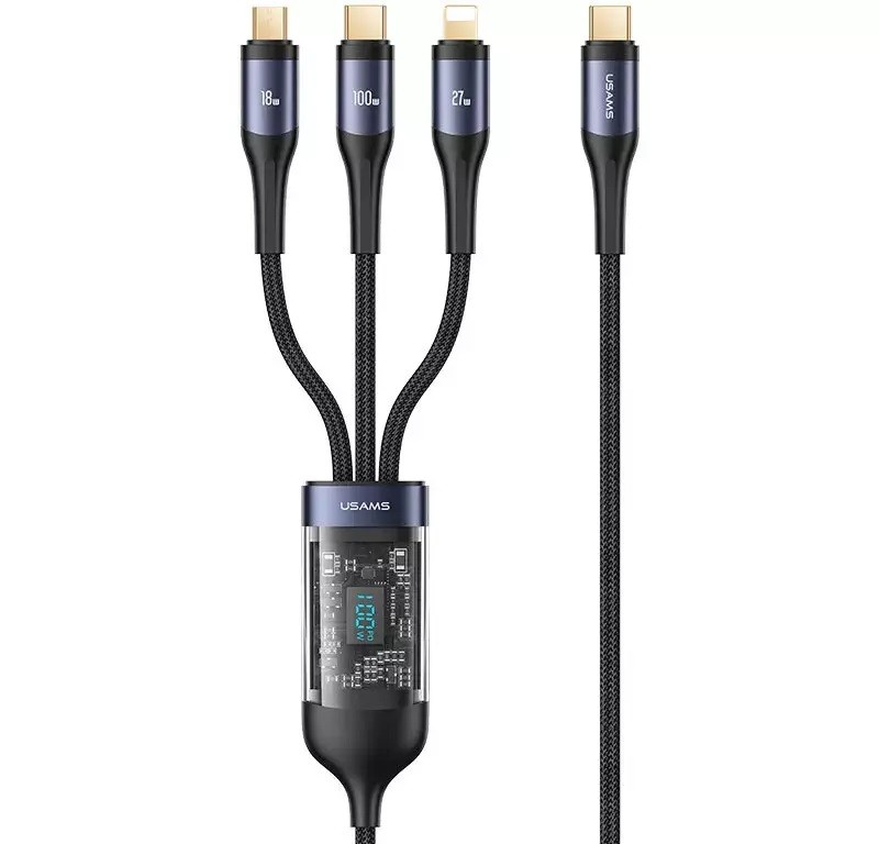 کابل شارژ سه سر تایپ سی به تایپ سی، میکرو و لایتنینگ 100 وات 1.2 متری یوسامز US-SJ600 U83
