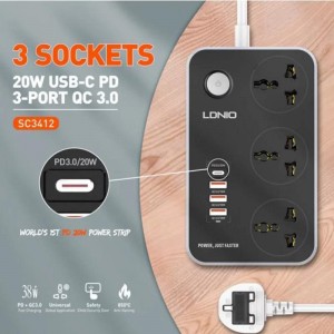 چند راهی برق 3 سوکت همراه با 3 خروجی USB و 1 خروجی تایپ سی  الدنیو LDNIO SC3412