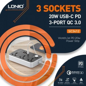 چند راهی برق 3 سوکت همراه با 3 خروجی USB و 1 خروجی تایپ سی  الدنیو LDNIO SC3412