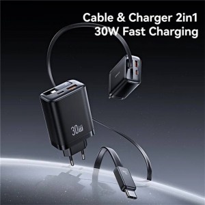 شارژر دیواری 30 وات Type-C و USB یوسامز با کابل تایپ سی مدل  Usams-CC296