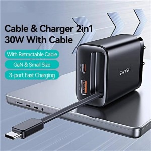 شارژر دیواری 30 وات Type-C و USB یوسامز با کابل تایپ سی مدل  Usams-CC296