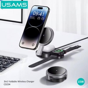 شارژر وایرلس سه‌کاره مگنتی یوسامز مدل CD234 تاشو 15 وات
