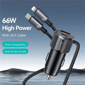 شارژر فندکی فست شارژ ماشین تایپ‌سی و یو‌اس‌بی 66 وات یوسامز با کابل متصل تایپ‌سی و لایتنینگ CC287
