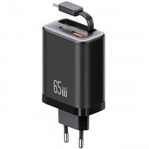 شارژر دیواری 65 وات تایپ‌سی و یواس‌بی یوسامز با کابل تایپ‌سی جمع‌شونده مدل CC299