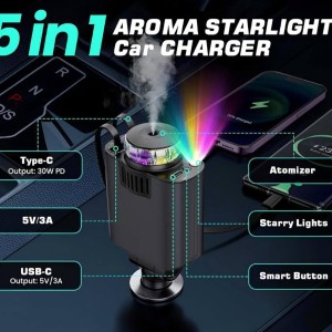 شارژر فندکی هوشمند 5in1 استارلایت به‌همراه خوشبوکننده و کابل جمع‌شونده STARLIGHT CAR CHARGER D1 کد1657