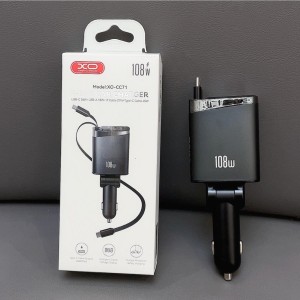 شارژر فندکی خودرو 4in1 مدل XO-CC71 با کابل‌های جمع‌شونده و توان 108 وات