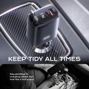 شارژر فندکی خودرو 4in1 مدل XO-CC71 با کابل‌های جمع‌شونده و توان 108 وات