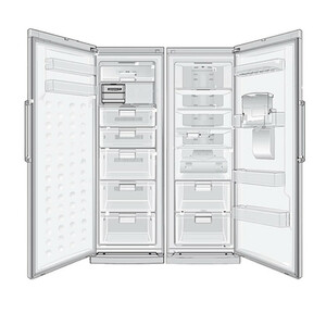 یخچال فریزر دوقلو 40 فوت سام مدل RR65-RZ65/W، دارای اخطار باز ماندن درب، با ارتفاع 180، پهنای 120 و عمق 68.4 سانتی‌متر، کیزان مصرف انرژی A، دارای 5 طبقه در یخچال و 5 کشو در فریزر، دارای سیستم نوفراست