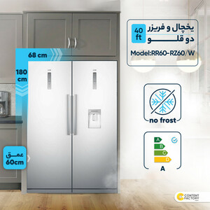 یخچال فریزر دوقلو 40 فوت سام مدل RR65-RZ65/W، دارای اخطار باز ماندن درب، با ارتفاع 180، پهنای 120 و عمق 68.4 سانتی‌متر، کیزان مصرف انرژی A، دارای 5 طبقه در یخچال و 5 کشو در فریزر، دارای سیستم نوفراست
