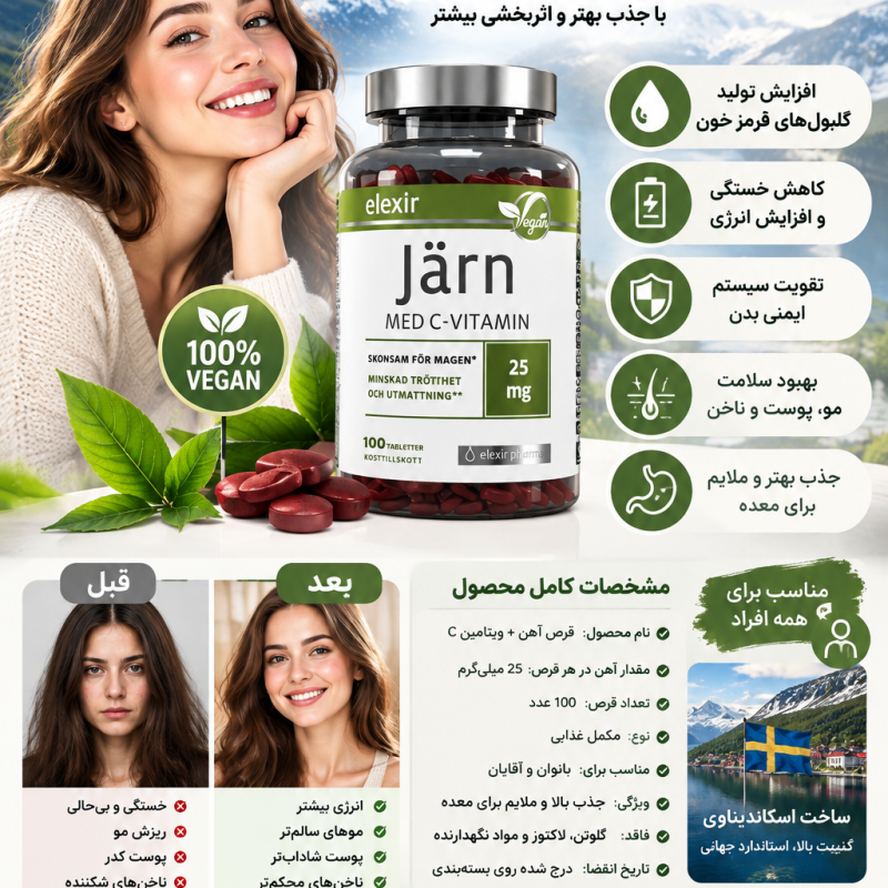 مکمل آهن بیگیلیسینات دوز ۲۵ میلی گرم همراه ویتامین c ساخت سوئد ۱۰۰ عددی