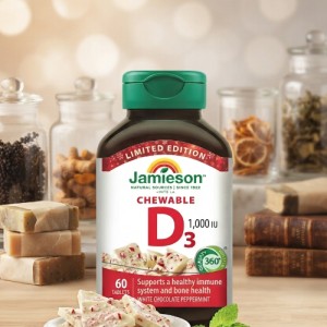 ویتامین دی ۳ گیاهی جویدنی ۶۰ عددی طعم شکلات سفید jamieson chewable D3 1000IU