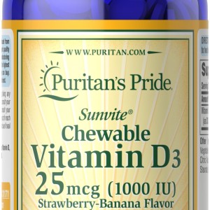 مکمل ویتامین دی ۳ ۱۸۰ عددی جویدنی ویتامین D3 25mcg 1000IU Puritans Pride (۱۸۰ عددی