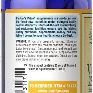 مکمل ویتامین دی ۳ ۱۸۰ عددی جویدنی ویتامین D3 25mcg 1000IU Puritans Pride (۱۸۰ عددی