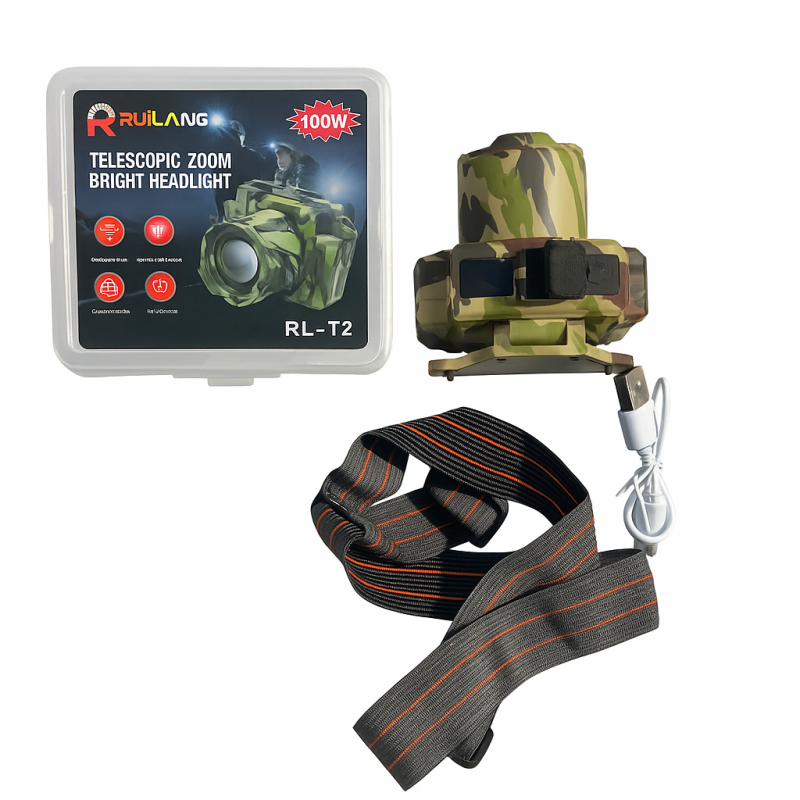 چراغ پیشانی تاکتیکال RL‑T2 ارتشی | زوم‌دار، پاوربانک‌دار، 100 وات