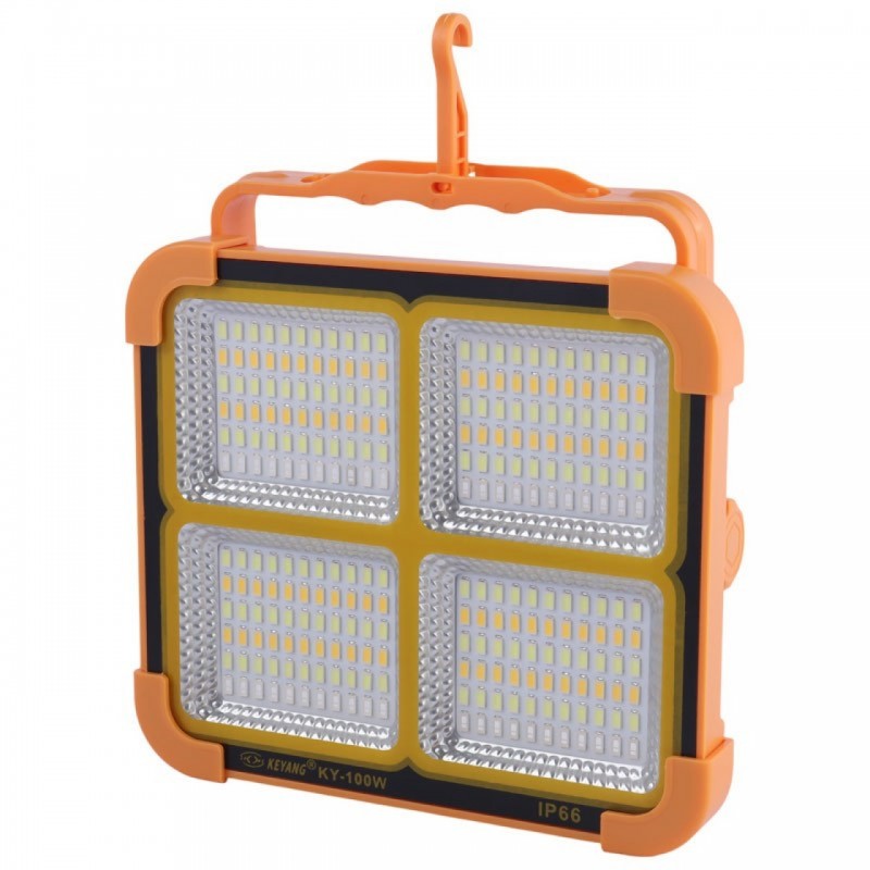 پرژکتور خورشیدی شارژی KY‑100W پاوربانک‌دار ضدآب با پنل LED قوی قابل حمل
