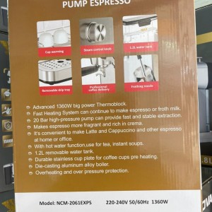 اسپرسوساز NDVA NCM‑2061EXPS فشار 20 بار ترموبلاک 1360 وات با نازل کف‌ساز