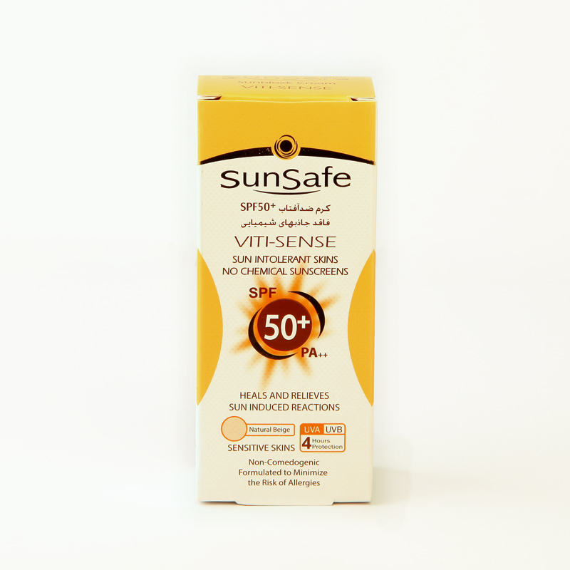 کرم ضدآفتاب سانسیف SPF50+ مدل VITI-SENSE – فاقد فیلتر شیمیایی، مخصوص پوستهای حساس
