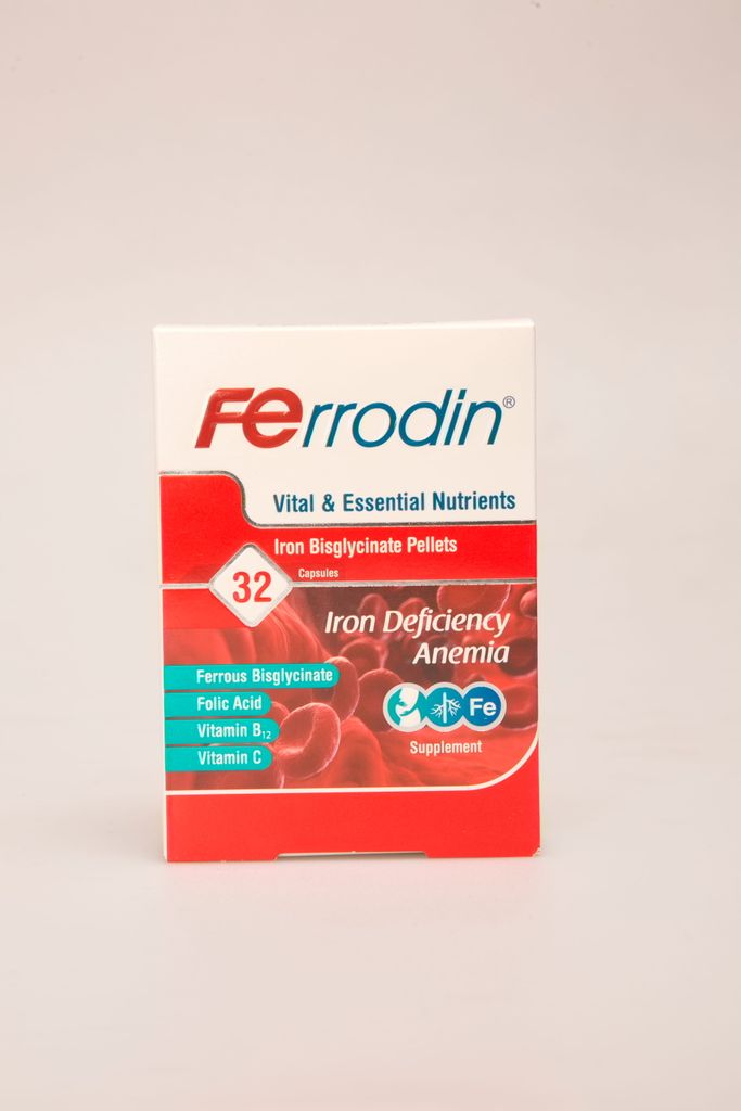 کپسول فرودین (Ferrodin) | مکمل آهن بیسگلیسینات، فولیک اسید، ویتامین B12 و C برای کمخونی